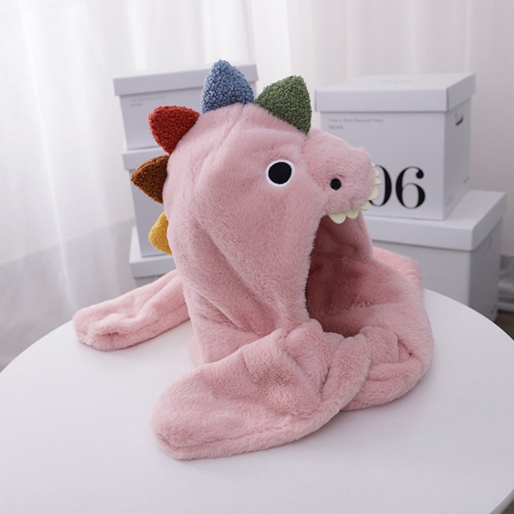 Pink dinosaur plush hat and scarf set, one-size, cartoon hood with multicolor horn accents