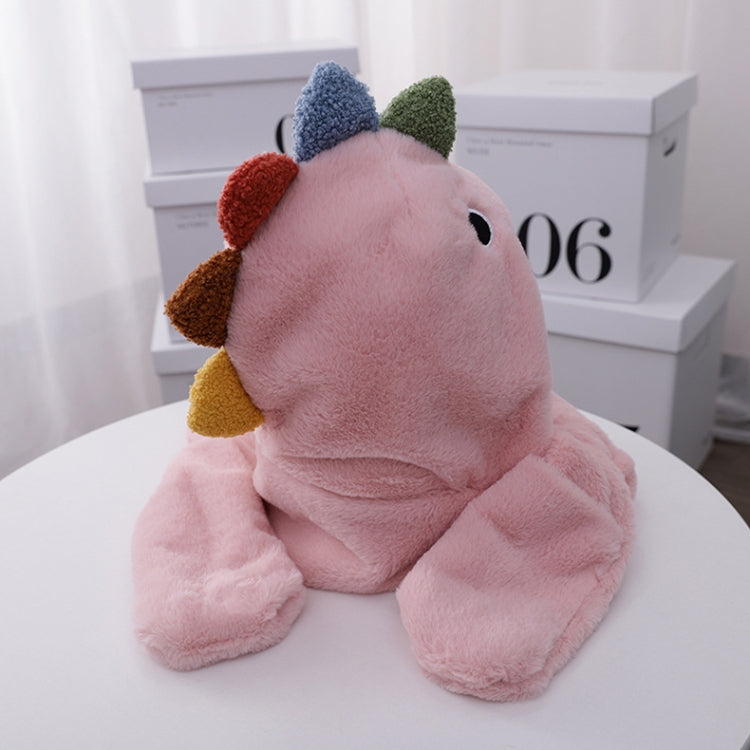 Pink dinosaur plush hat with matching scarf, one-size, backside view of cozy hood