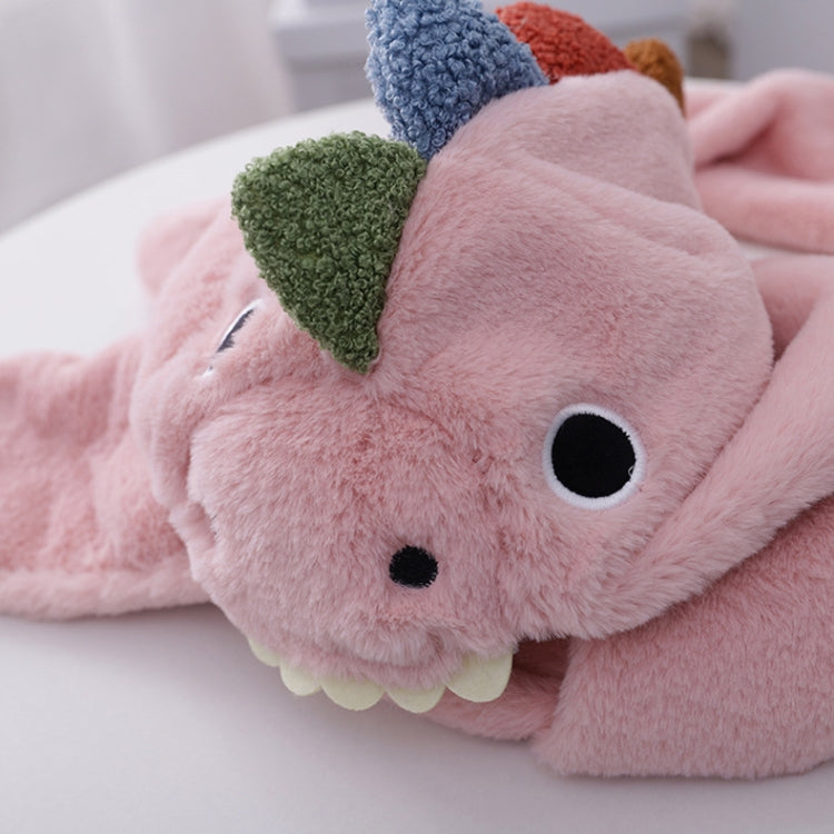 Pink dinosaur plush hat with scarf, one-size, close-up of hood face and horns