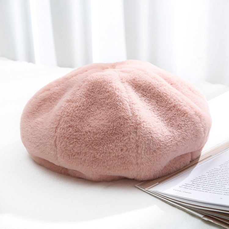Plush women’s beret hat, pastel pink color, soft fuzzy texture.