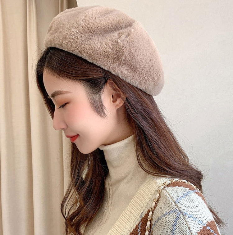 Plush beige painter-style beret hat with rounded crown and fuzzy, warm lining