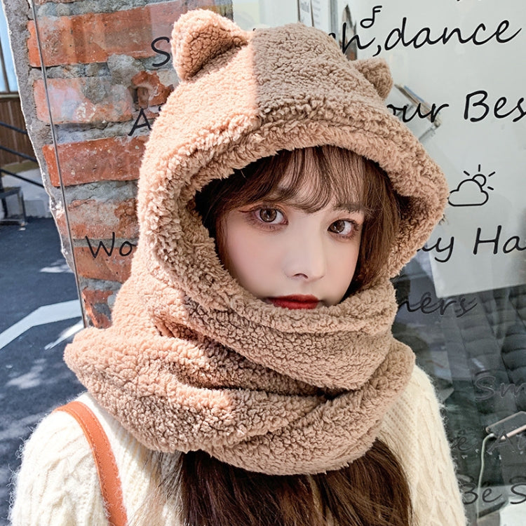 Plush bear-eared hood scarf with wraparound neck cover, coffee-brown