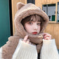 Two-piece look: plush bear-eared hood scarf with neck wrap, light khaki