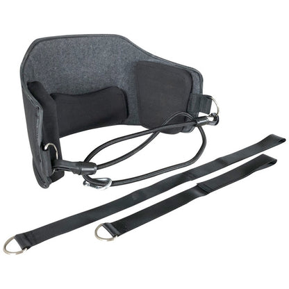 Neck traction pillow hammock with foam pads, black straps and adjustable cable system