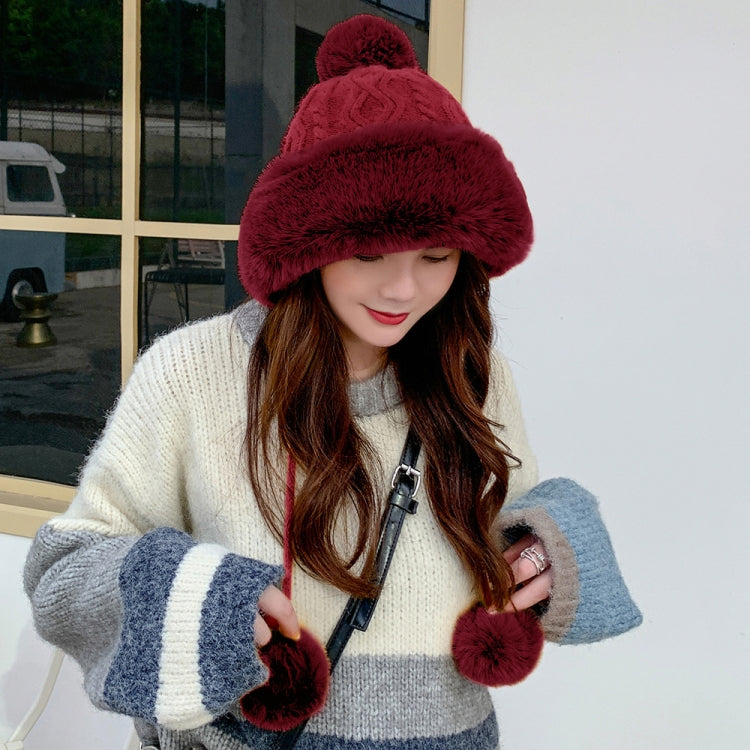 Wine red faux-fur knitted skullcap hat with two pom-pom balls