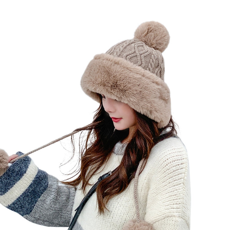 Knit skullcap beanie with faux-fur trim and top pom-pom, beige knit pattern