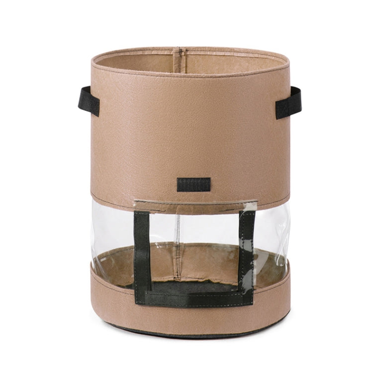 Transparent potato grow bag with tan fabric sides and black window panel, front view.