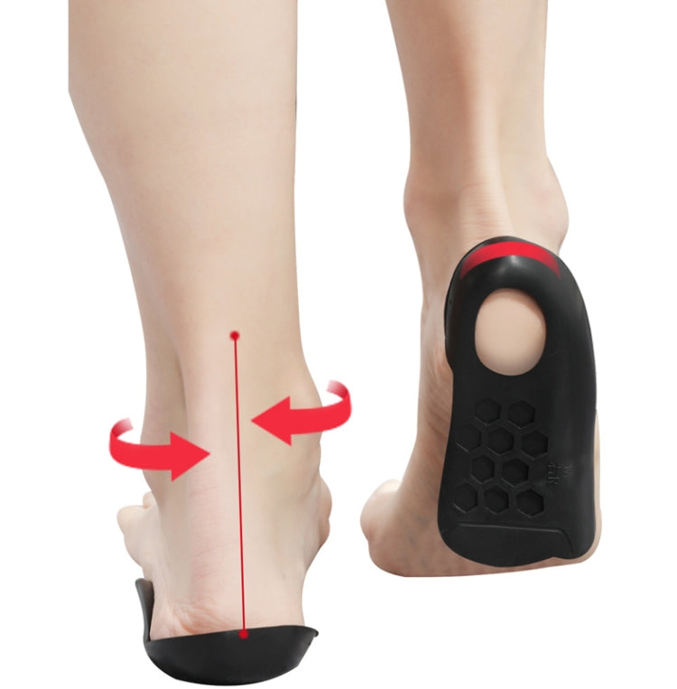Black orthopedic insole on foot, heel wrap area and arch support for alignment