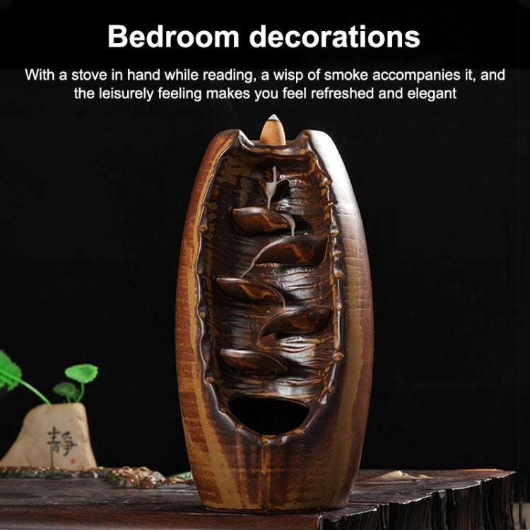 Brown ceramic lotus incense burner with textured carved front