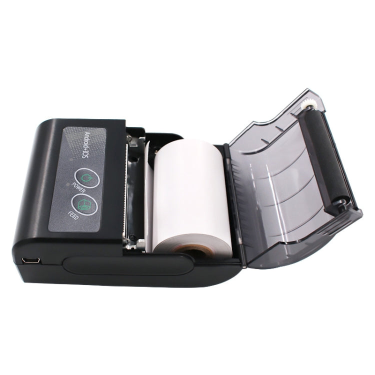 Portable Bluetooth thermal label printer with open paper compartment and installed roll