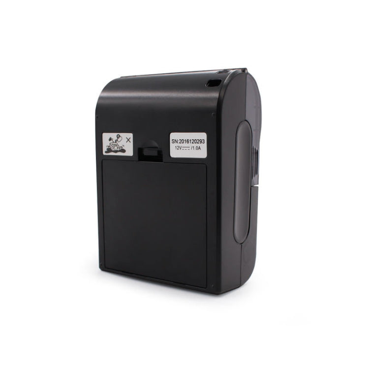 Portable Bluetooth thermal label printer, side view with power/port area and label on back panel