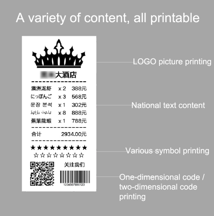 Portable Bluetooth thermal printer print examples with text and QR code