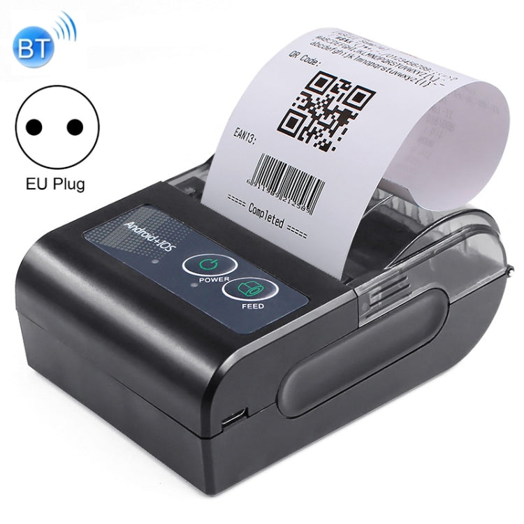 Portable Bluetooth thermal label printer with EU plug, blue power and feed buttons visible