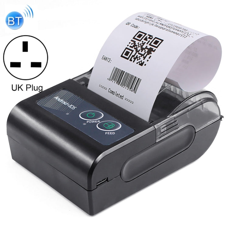 Portable Bluetooth thermal label printer with UK plug, front control panel and label roll