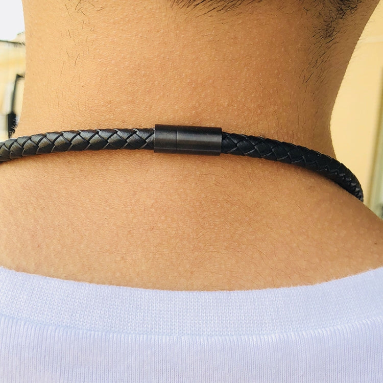 Black braided leather collar necklace on neck with stainless steel magnetic clasp