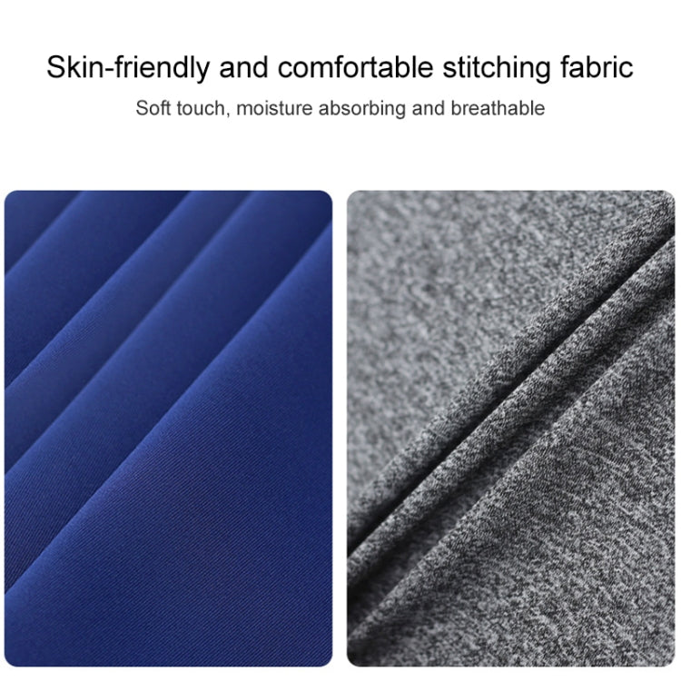 Stitching fabric close-up: blue textured panel and gray speckled panel