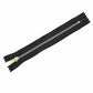 Single dark navy metal zipper with gold teeth and slider, open-end tape