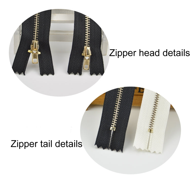 Close-up views of black and white zippers with gold heads and tail details