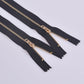 No.3 metal zipper placket, gold teeth, black tape, pull tab and teeth detail