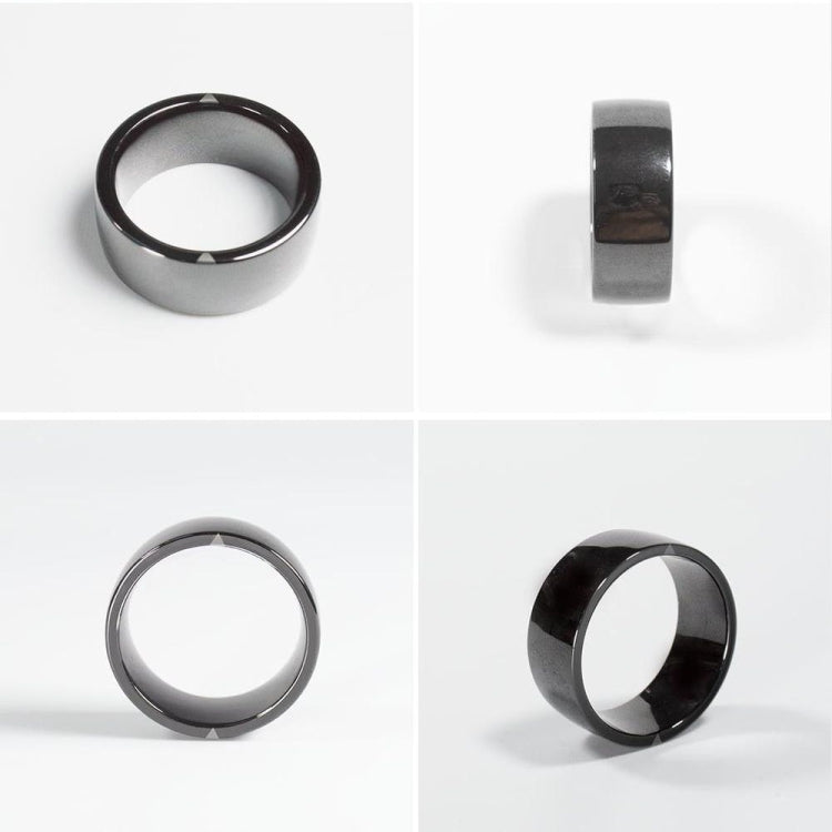 Glossy smart ring shown from front, side, and angled views
