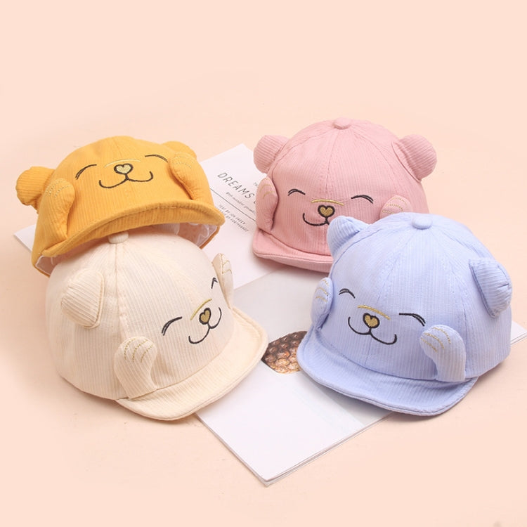 Assorted baby cat sun hats in yellow, pink, and light blue with stitched faces
