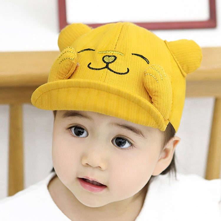 Yellow cartoon cat baby sun hat on a child, with stitched cat face on front