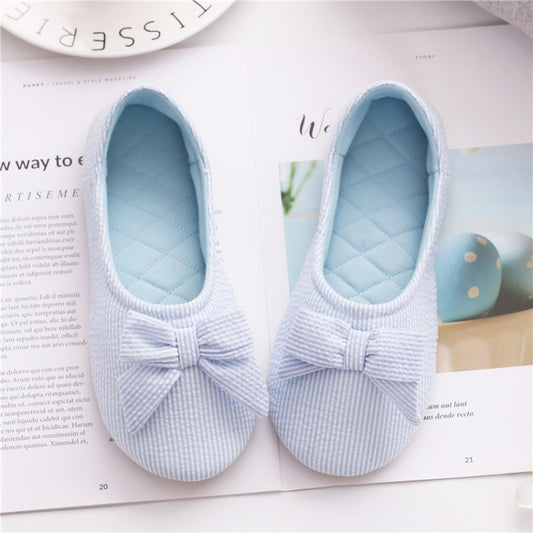 Blue striped bow slip-on indoor slippers with quilted insole and rounded toe