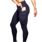 High-waist yoga leggings with side pockets, dark color, full-length stretch workout bottoms