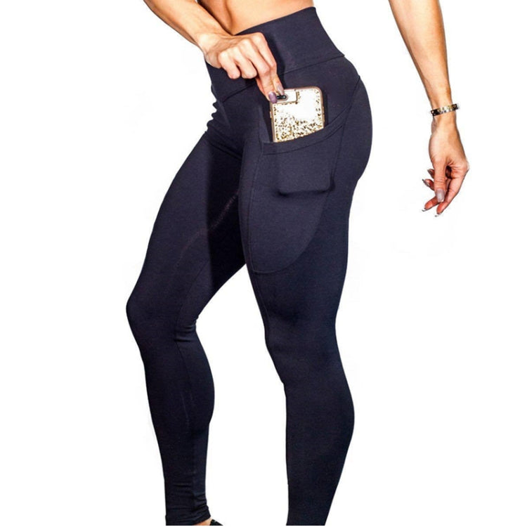High-waist yoga leggings with side pockets, dark color, full-length stretch workout bottoms