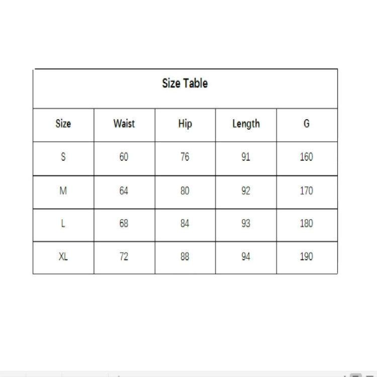 Yoga leggings size table showing S to XL measurements for waist, hip, and length