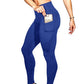 High-waist yoga leggings with side pockets, blue color, stretchy full-length workout fit