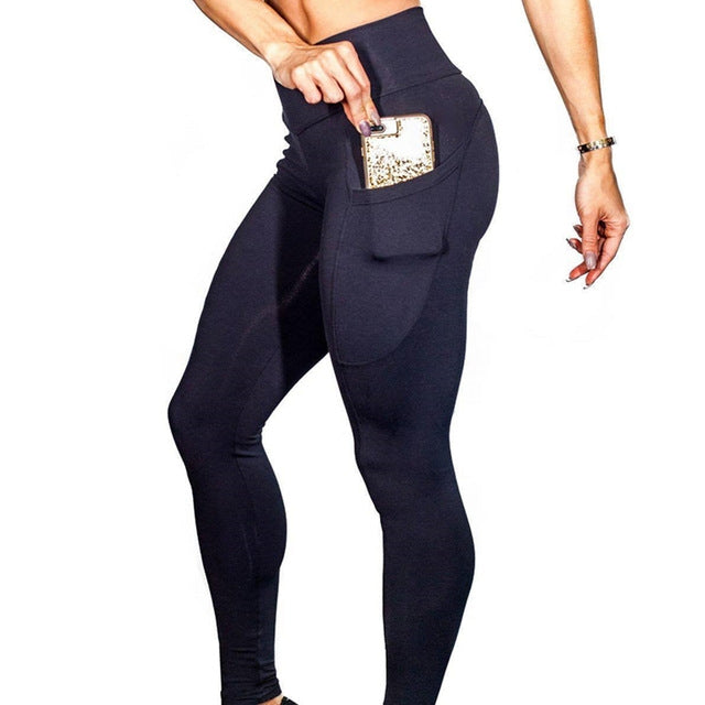 High-waist yoga leggings with side pockets, dark color, stretchy fit for running workouts