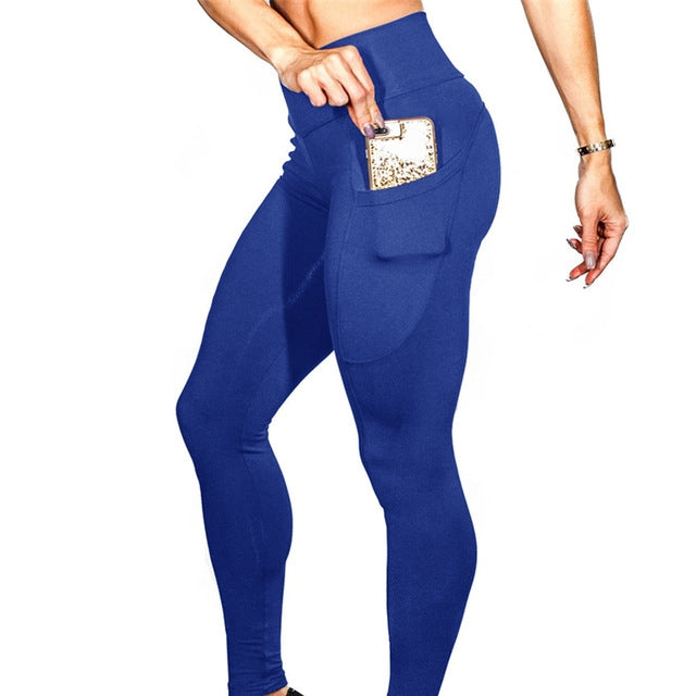 Women's high-rise blue yoga leggings with front side pockets, slim stretch fit