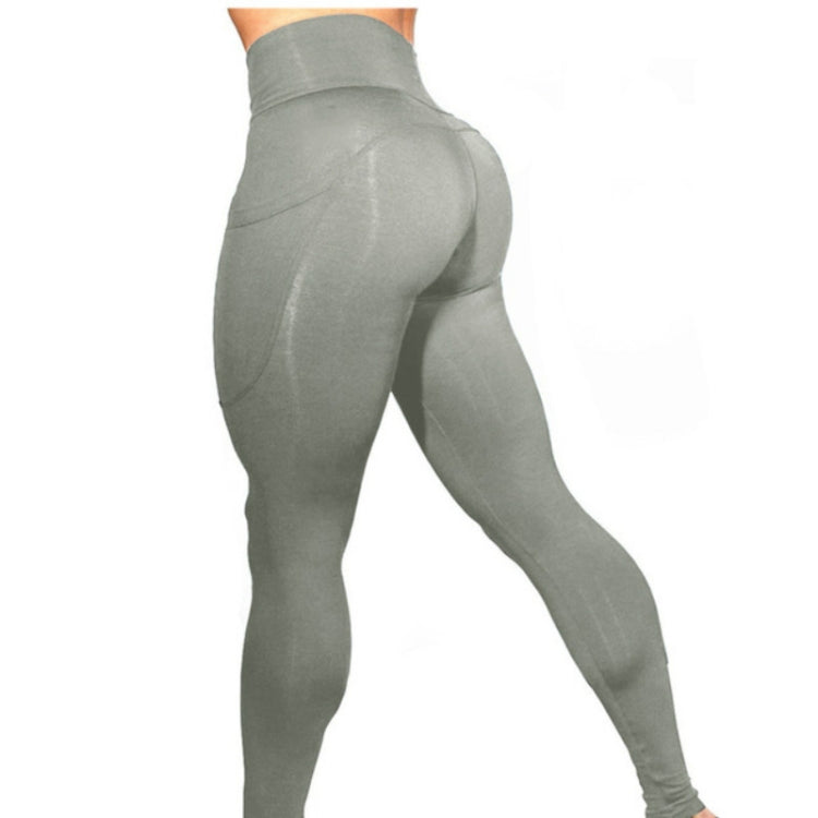 Women's gray yoga leggings, side back view, high-rise compression stretch fit