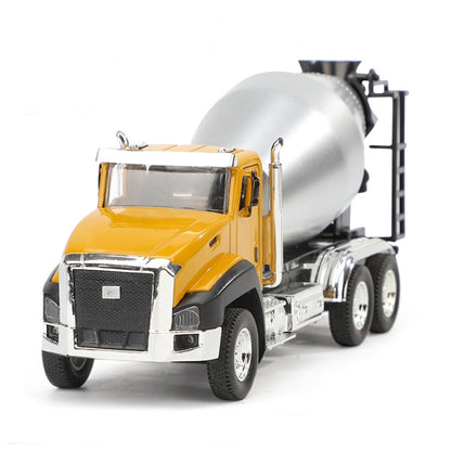 Die-cast cement mixer toy truck with silver rotating drum and yellow cab