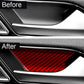 Installed red carbon-fiber style inner door handle trim panel on car door handle area