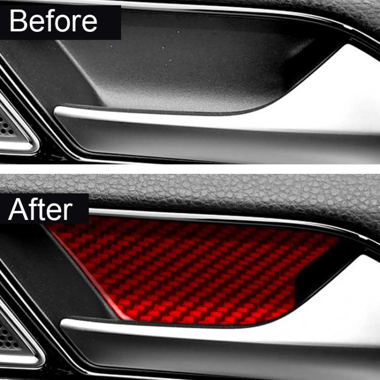 Installed red carbon-fiber style inner door handle trim panel on car door handle area