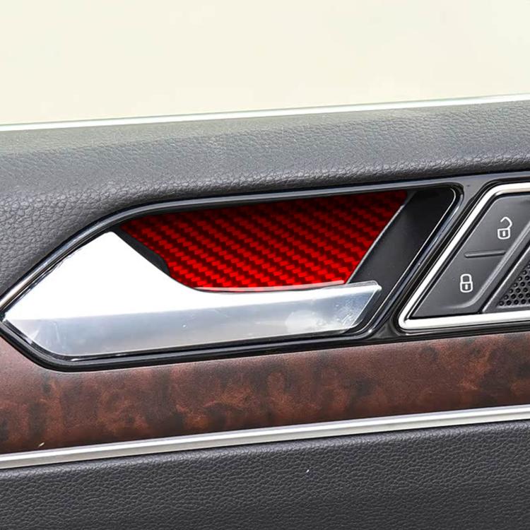 Installed red carbon-fiber style inner door handle trim sticker on car door panel