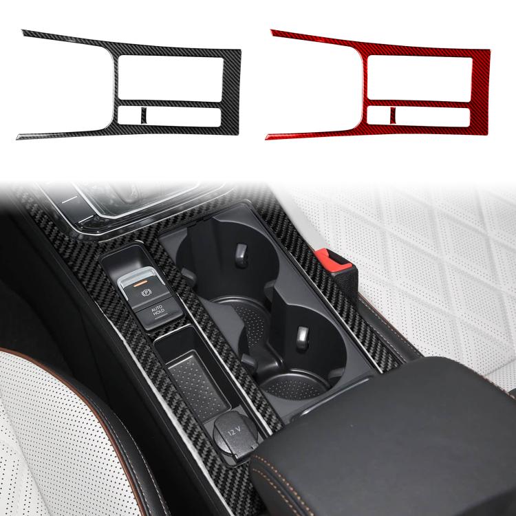 Pair of center console cup holder trim pieces, black and red carbon-fiber style