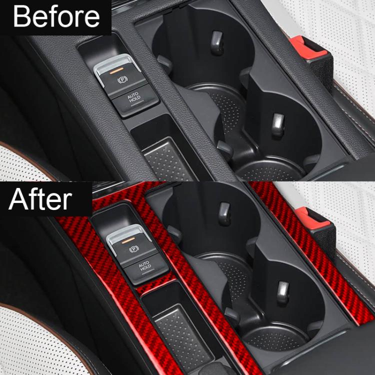 Red carbon-fiber cup holder trim installed on center console, 2-piece set