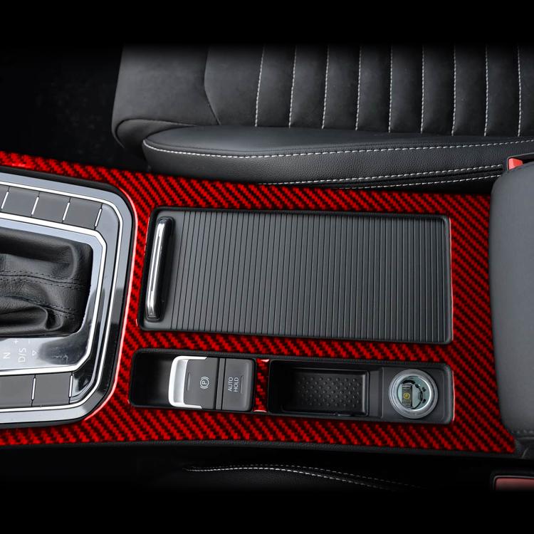 Red carbon-fiber center console trim surround with cup holder and switch area