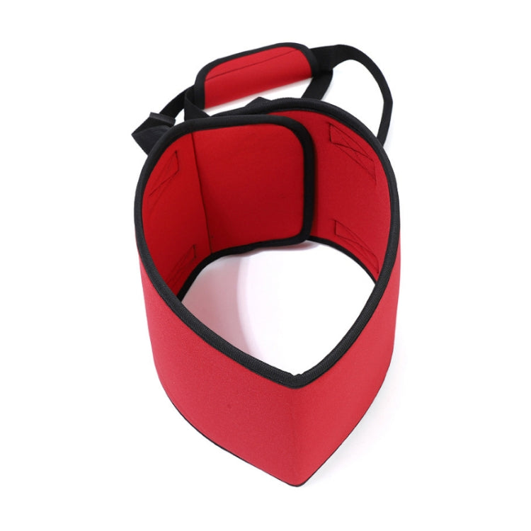Red dog support belt with padded harness and black lifting straps for assisted walks