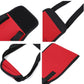 Red assistive dog belt with black padded chest panel and adjustable lifting straps