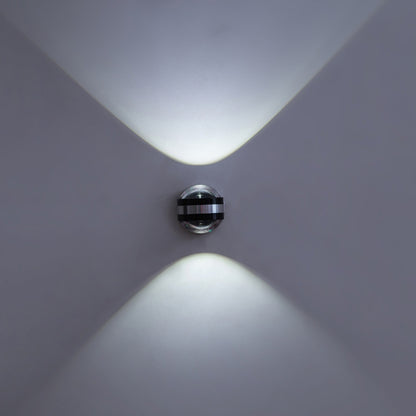 Up-down LED wall lamp, chrome round mount, two cool-white light beams