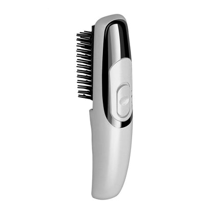 Electric massage comb with silver body and black bristles, side view