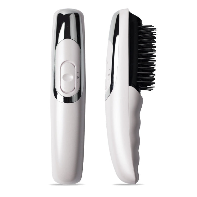 Electric massage comb with silver casing and black bristles, two angles