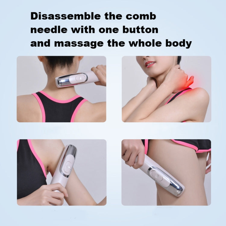 Electric massage comb held to skin, silver handle with black bristles