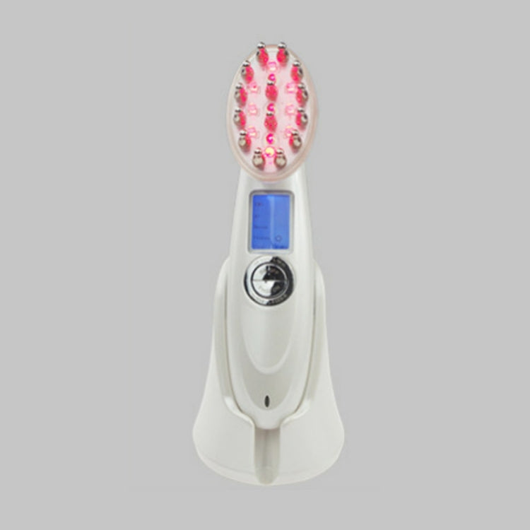 RF hair growth comb scalp massager, white handle with blue display and red-tinted pin head