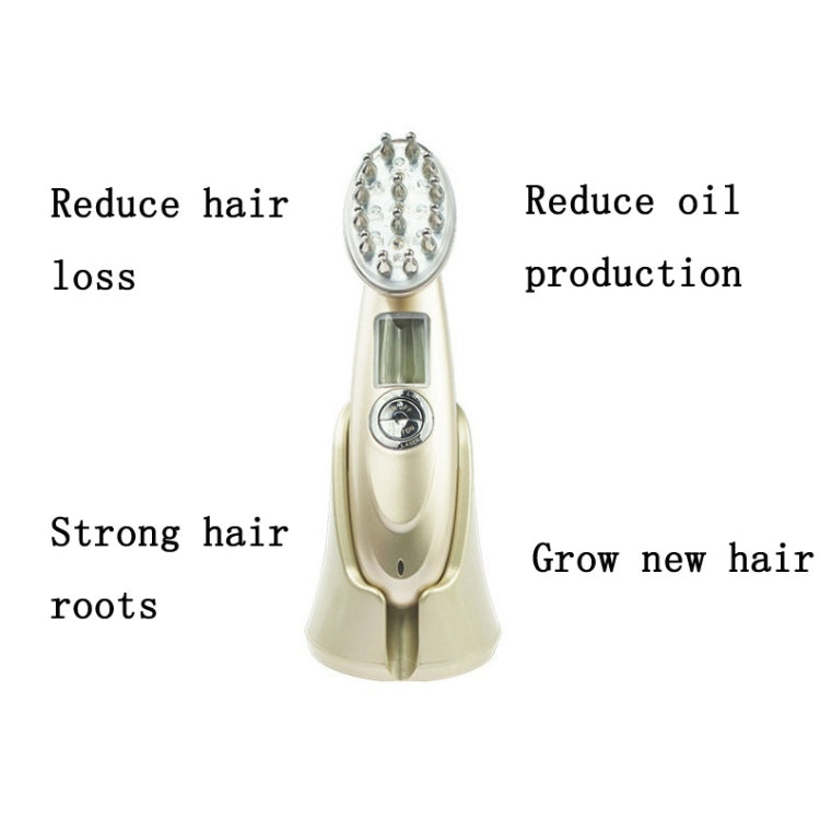 RF hair growth comb scalp massager, gold body with blue indicator and silver pin head