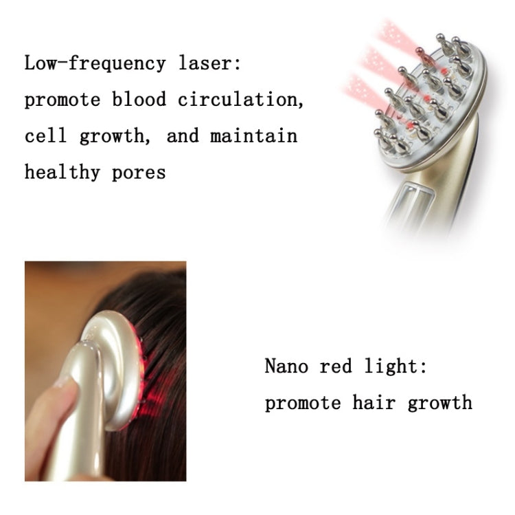 RF hair growth comb with silver pin head and low-frequency laser feature graphic
